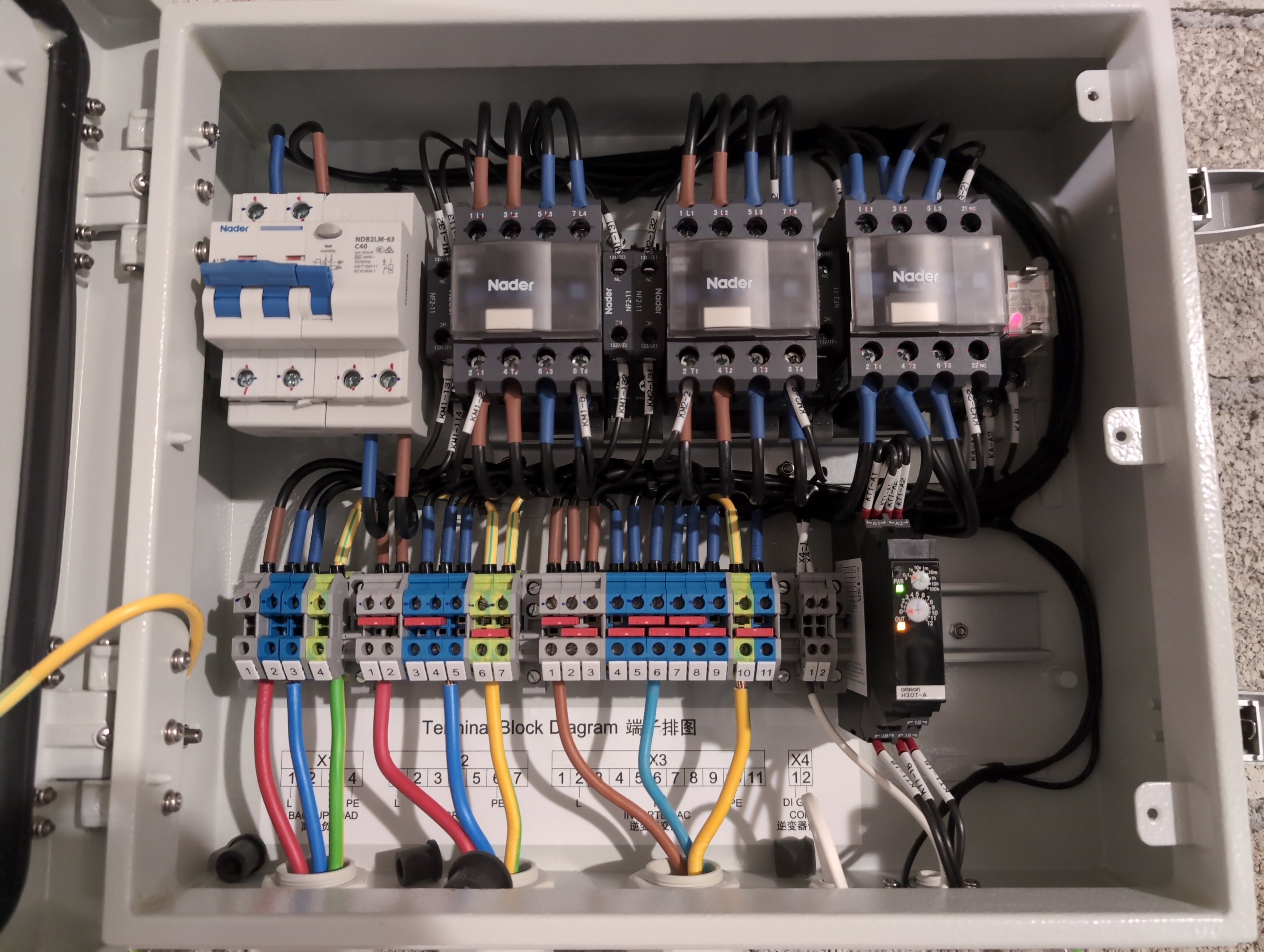 Vue intérieure du coffret Huawei Backup Box, avec contacteurs, borniers et conducteurs raccordés.